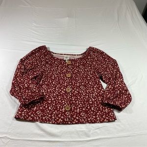 Self Esteem Button Floral Top Boho  Semi Crop shirt Flowy Scoop Elastic sleeve